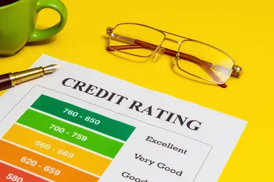 Illustration of a credit score gauge with five factors listed around it